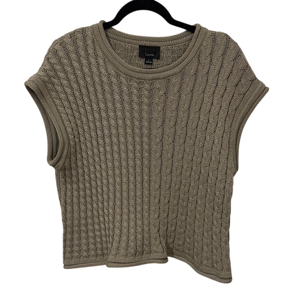 Lumiere Taupe Braided Cable Knit Sweater Vest Sleeveless Round Neck